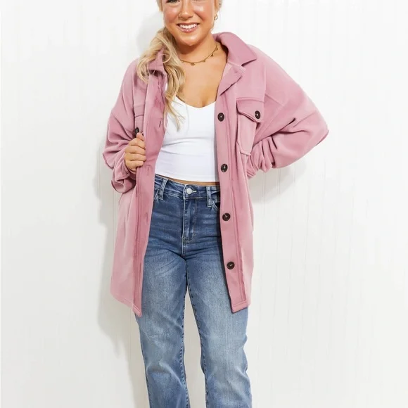 Light Rose Cozy in the Cabin Full Size Fleece Elbow Patch Shacket - Picture 1 of 10